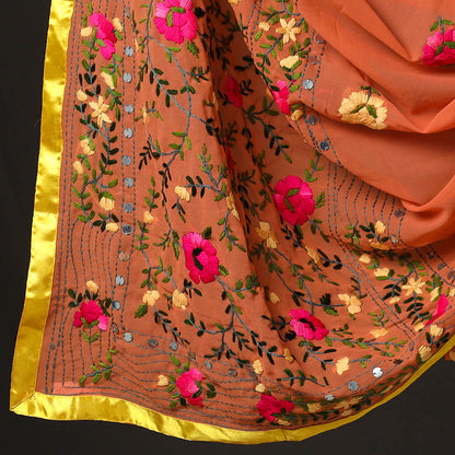 Orange - 3pc Phulkari Embroidery Chapa Work Georgette Suit Material Set 33