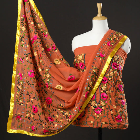 Orange - 3pc Phulkari Embroidery Chapa Work Georgette Suit Material Set 40