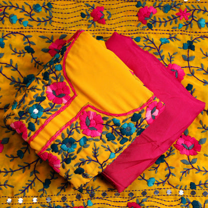 Yellow - 3pc Phulkari Embroidery Chapa Work Georgette Suit Material Set 14