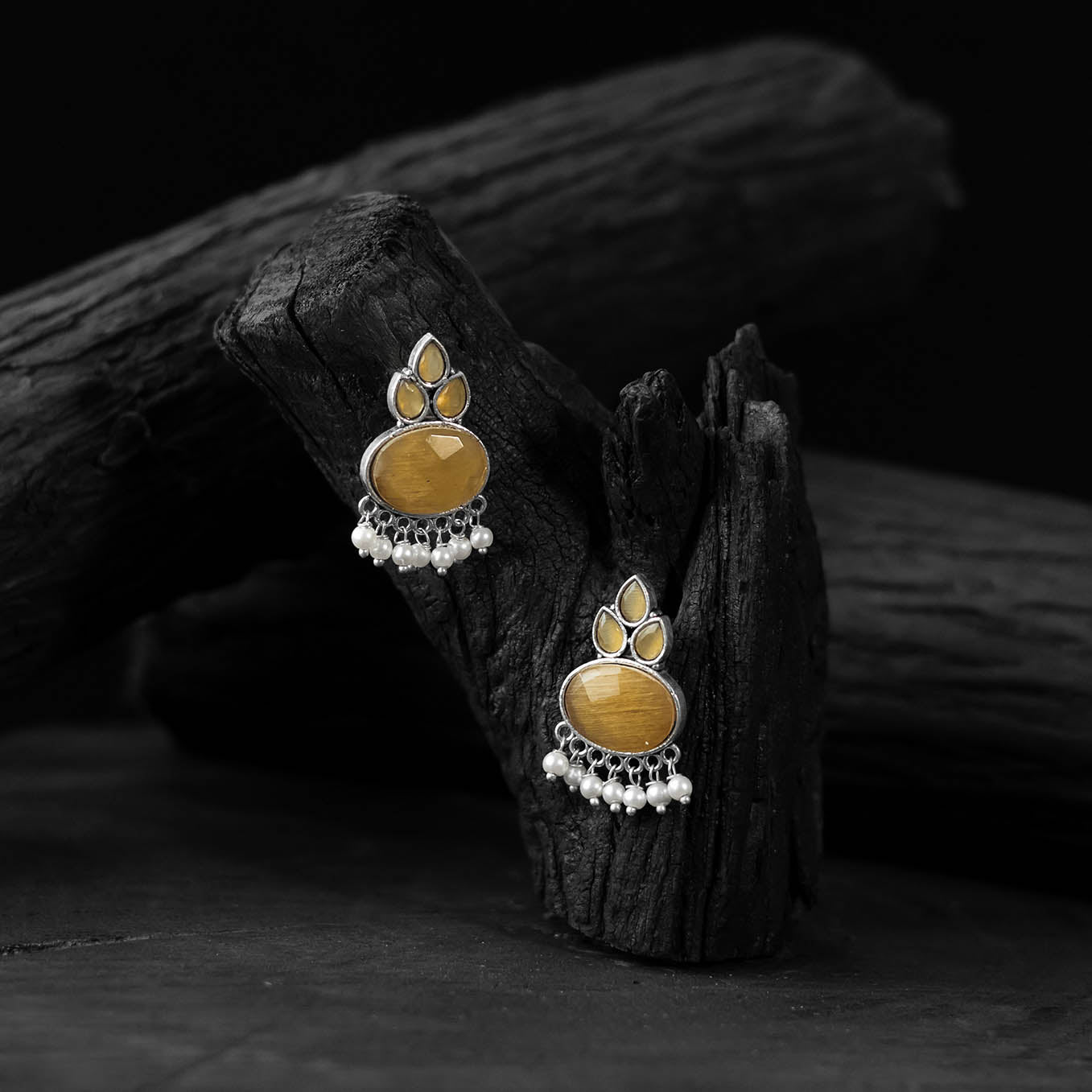 Yellow - saanjh bela leaf motif oxidised earrings