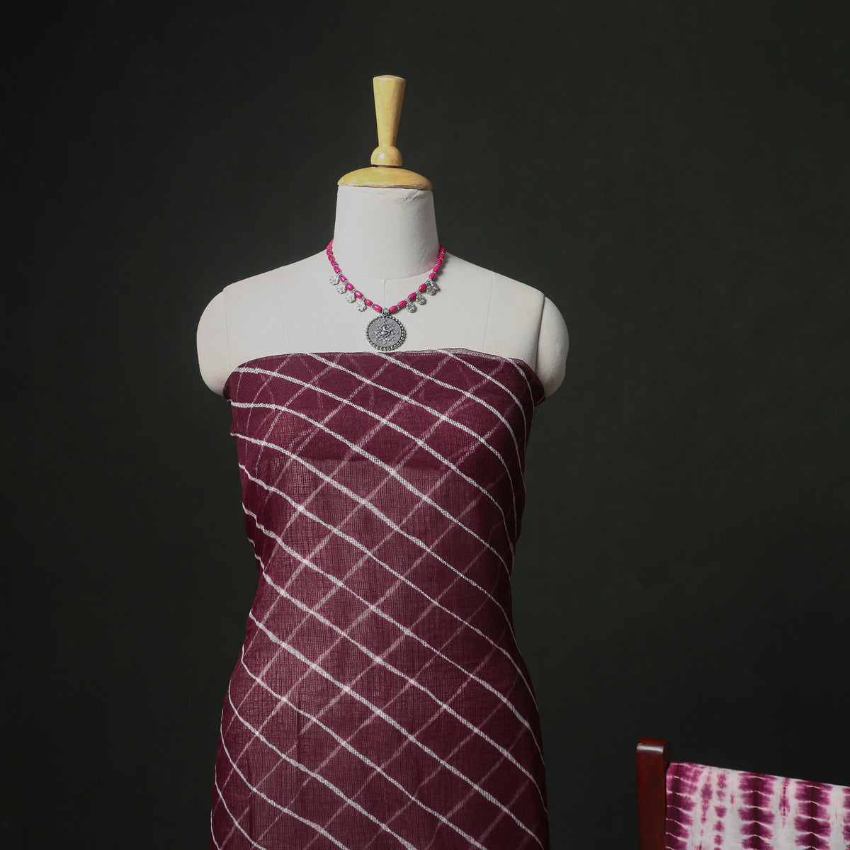 Leheriya Kota Doria Cotton Unstitched Dress Material: Kurta, Bottom & Dupatta 02