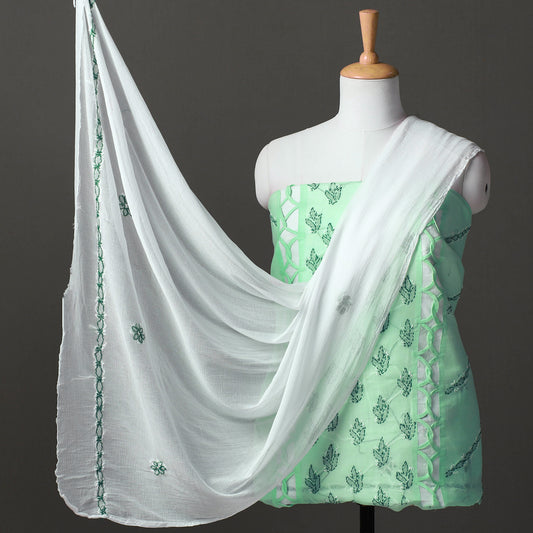 Green - 3pc Lucknow Chikankari Hand Embroidery Cotton Suit Material Set 23