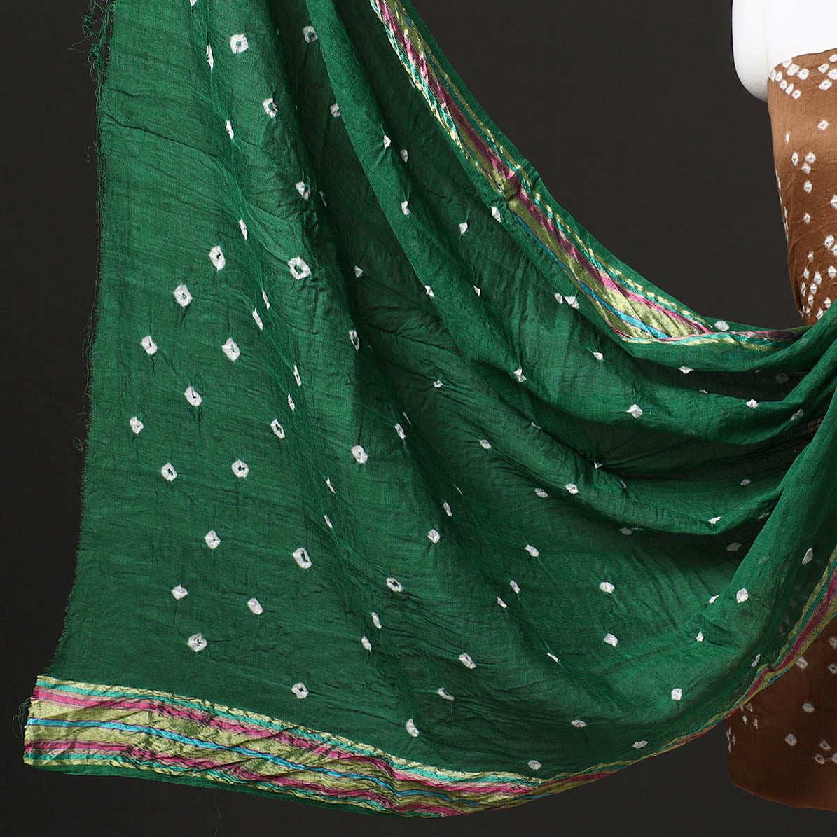 Brown - 3pc Kutch Bandhani Tie-Dye Satin Cotton Suit Material Set