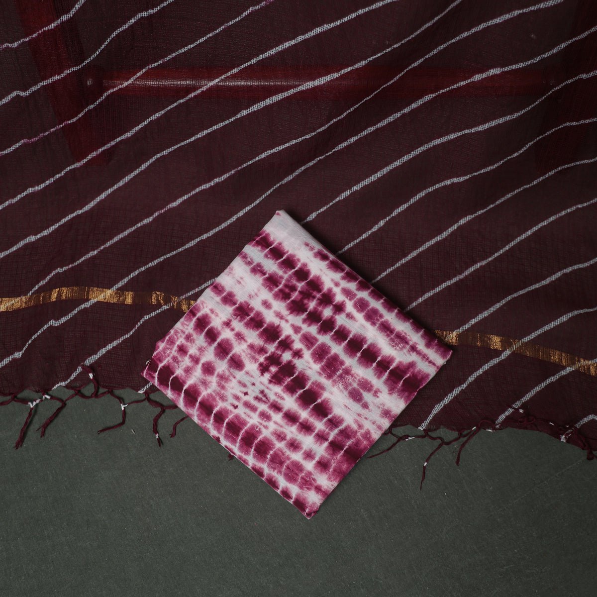 Leheriya Kota Doria Cotton Unstitched Dress Material: Kurta, Bottom & Dupatta 02