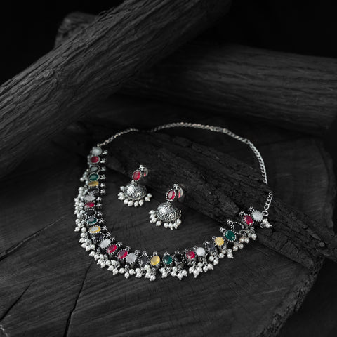 Multicolor - saanjh bela oval oxidised necklace set