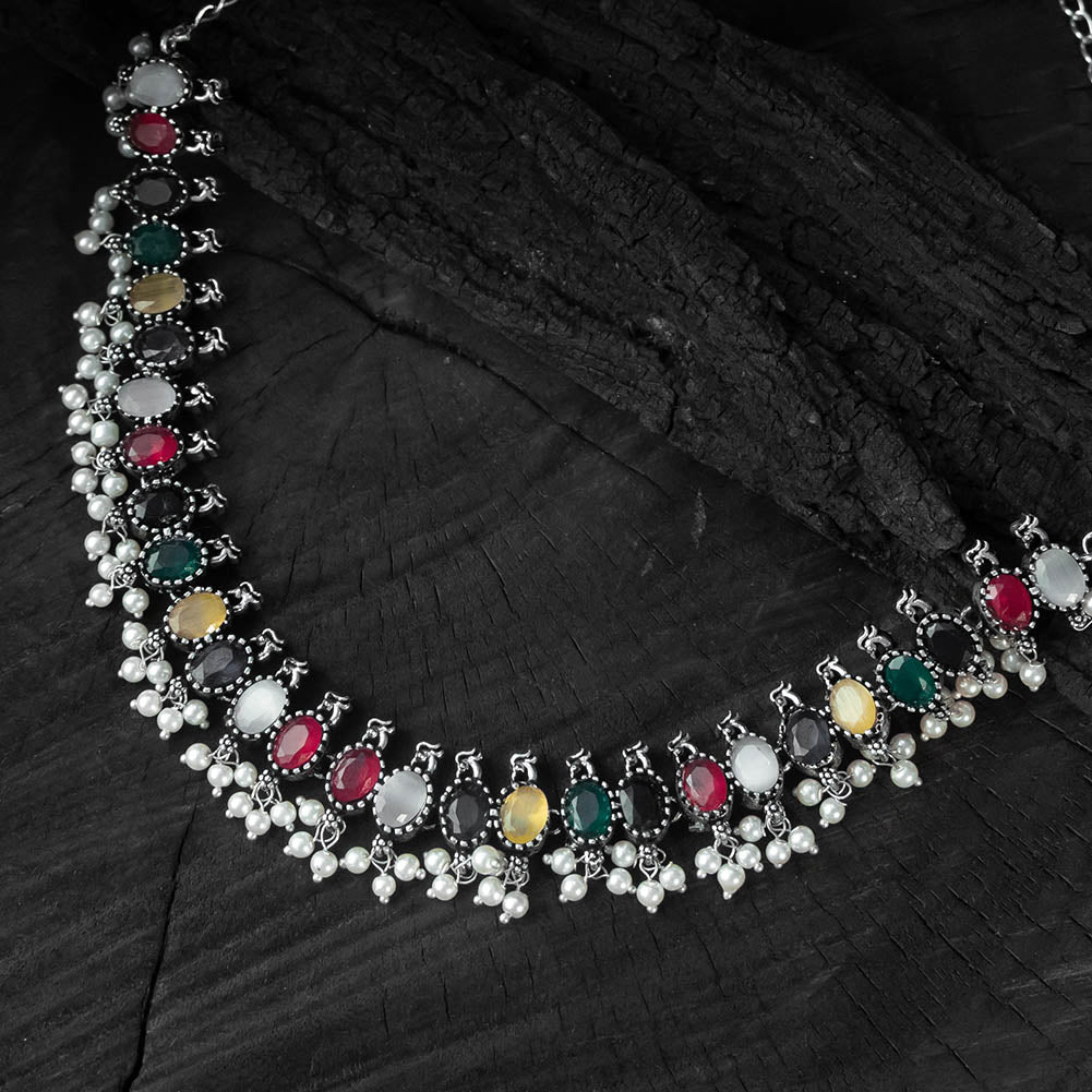 Multicolor - saanjh bela oval oxidised necklace set