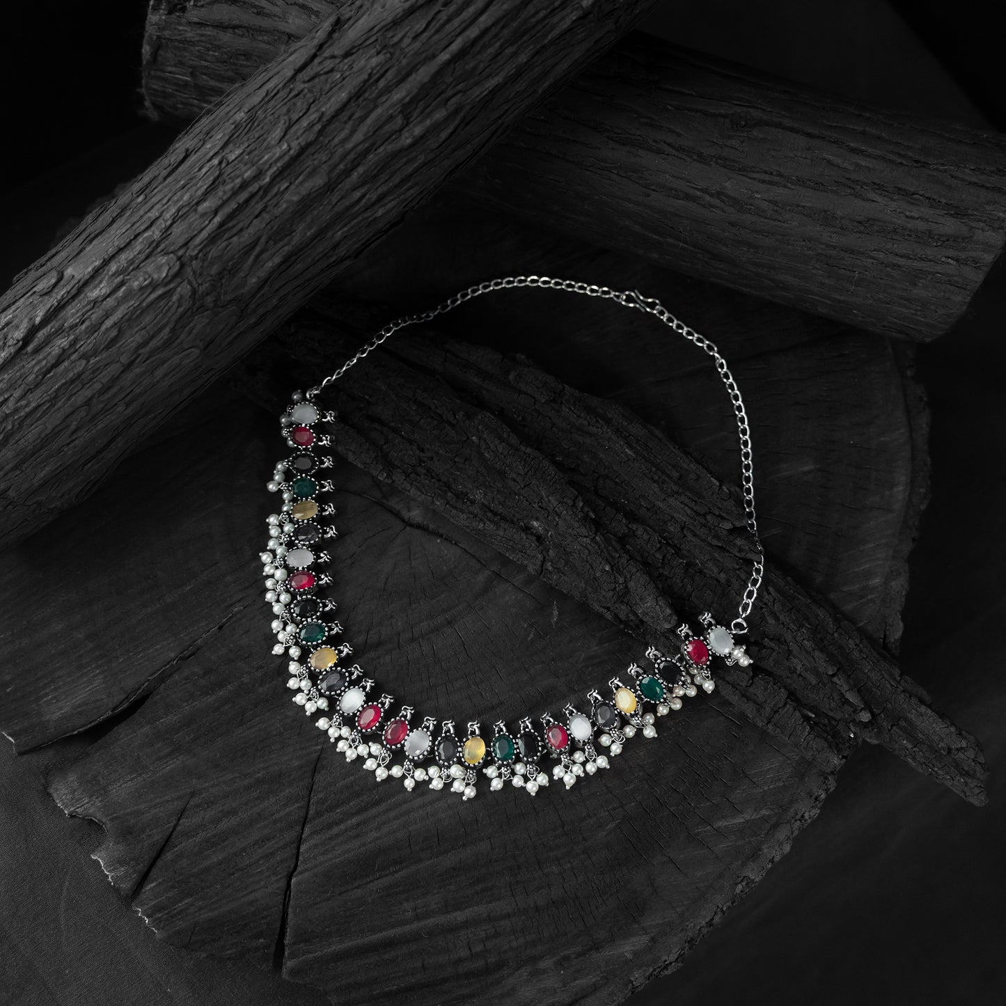 Multicolor - saanjh bela oval oxidised necklace set