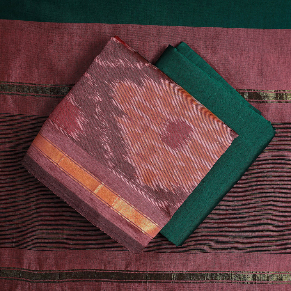 Peach - 3pc Handloom Silk Cotton Pochampally Ikat Dress Material 20