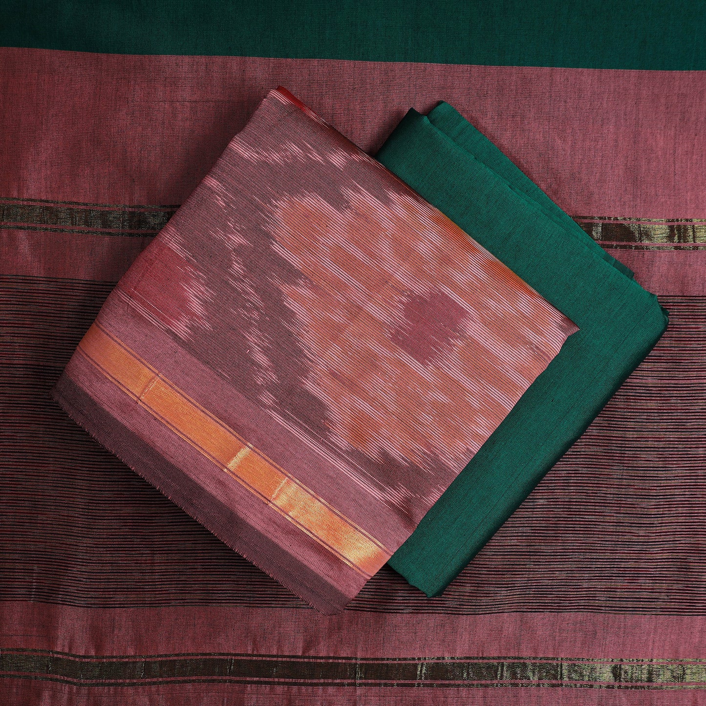 Peach - 3pc Handloom Silk Cotton Pochampally Ikat Dress Material 20