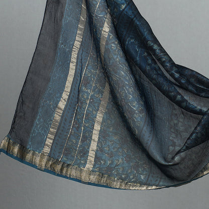 Blue - 2pc Bagru Ajrakh Dabu Block Printed Maheshwari Silk Suit Material Set with Zari Border