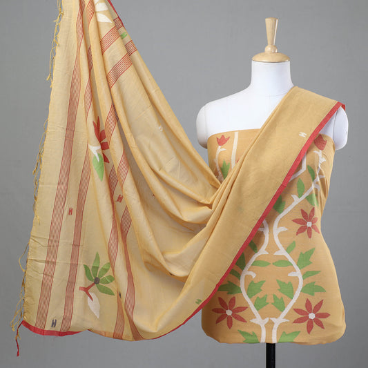 Beige - 2pc Phulia Jamdani Weave Handloom Cotton Suit Material Set