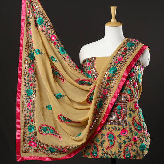 Yellow - 3pc Phulkari Embroidery Chapa Work Georgette Suit Material Set 36