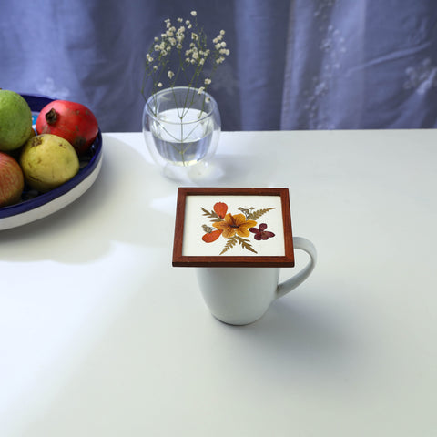 Flower Art Work Wooden Square Coaster