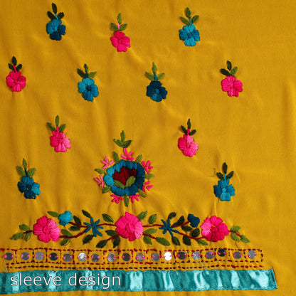 Yellow - 3pc Phulkari Embroidery Chapa Work Georgette Suit Material Set 16