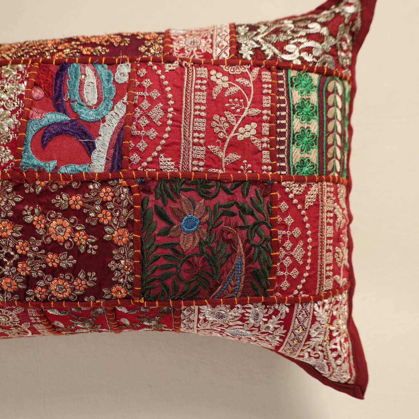 Hand Embroidered Khambadiya Patchwork Pillow Cover 16