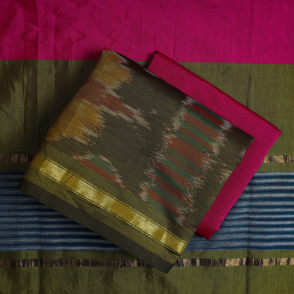 Green - 3pc Handloom Silk Cotton Pochampally Ikat Dress Material 21