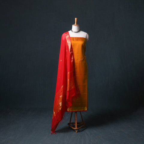 Handloom Maheshwari Silk Unstitched Dress Material: Kurta with Zari Buti Dupatta 16