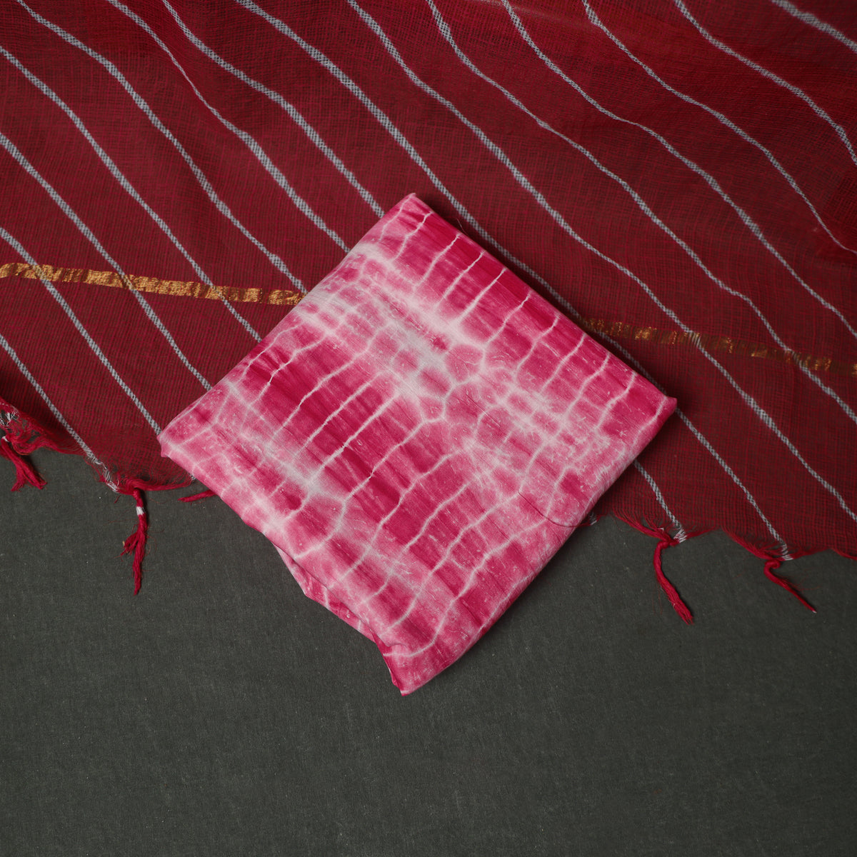 Leheriya Kota Doria Cotton Unstitched Dress Material: Kurta, Bottom & Dupatta 04