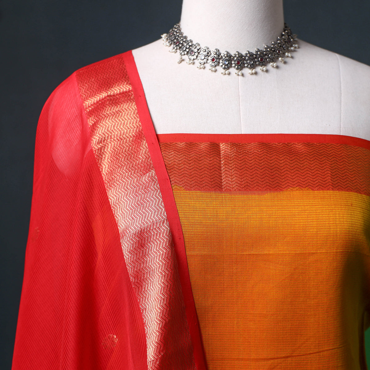 Handloom Maheshwari Silk Unstitched Dress Material: Kurta with Zari Buti Dupatta 16