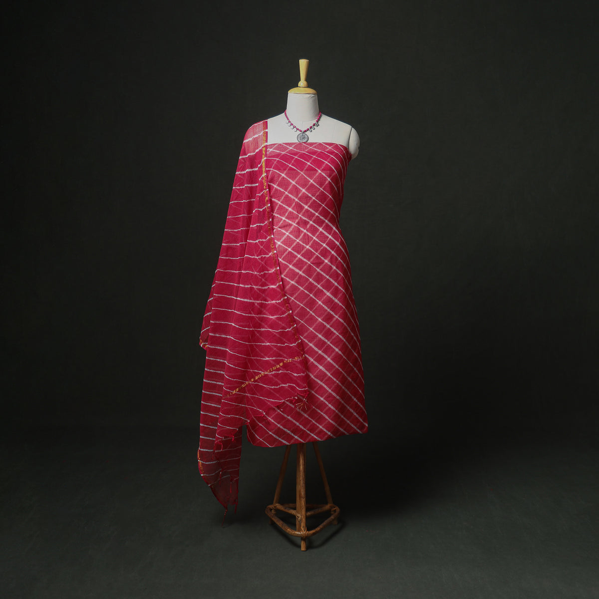 Leheriya Kota Doria Cotton Unstitched Dress Material: Kurta, Bottom & Dupatta 04