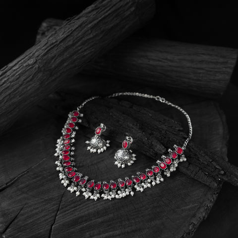 Red - saanjh bela oval oxidised necklace set - handcrafted