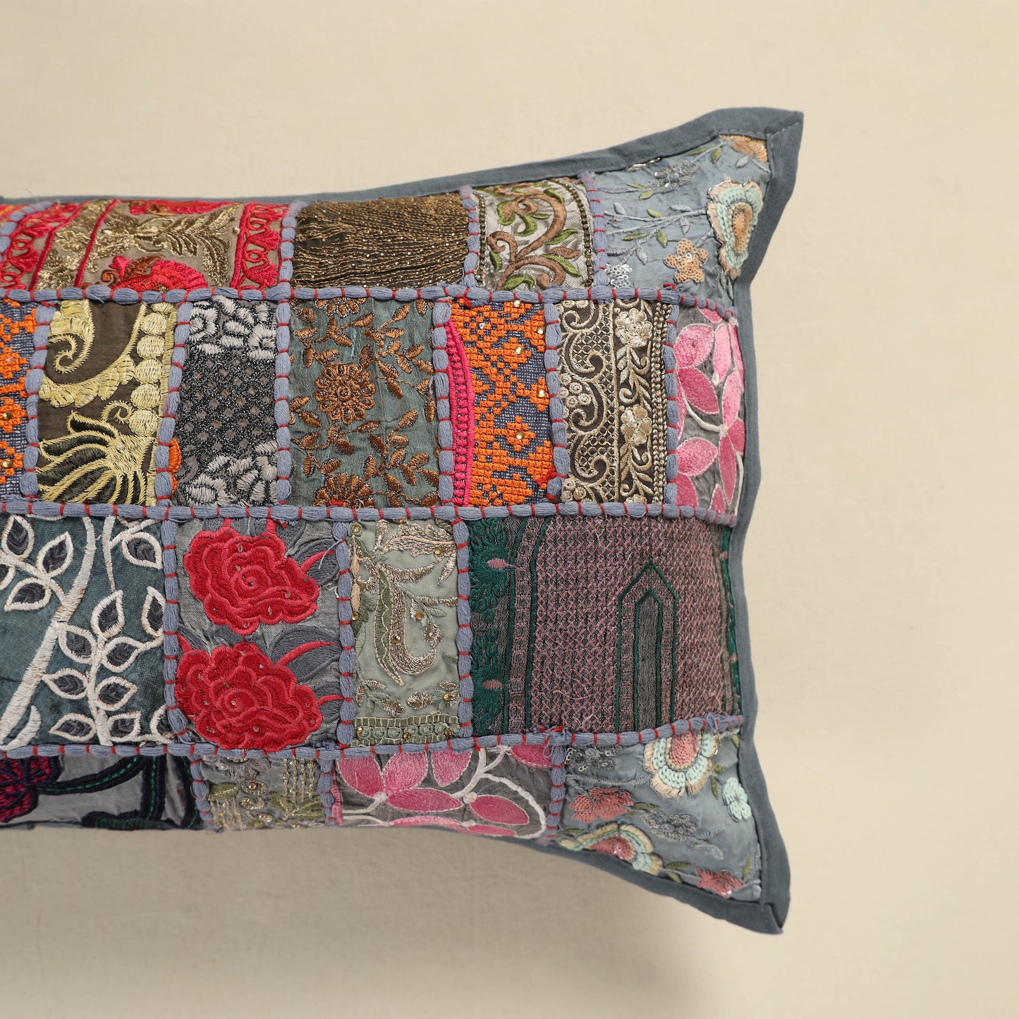 Hand Embroidered Khambadiya Patchwork Pillow Cover 03