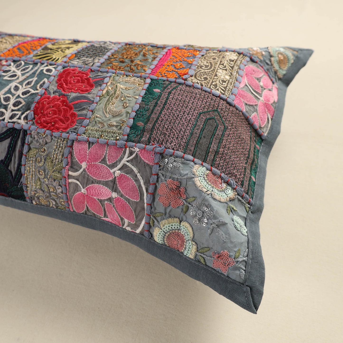 Hand Embroidered Khambadiya Patchwork Pillow Cover 03