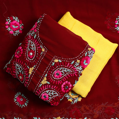 Red - 3pc Phulkari Embroidery Chapa Work Georgette Suit Material Set 22