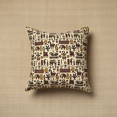 White - Cotton Kalamkari Printed Cushion Cover (16 x 16 in) 17