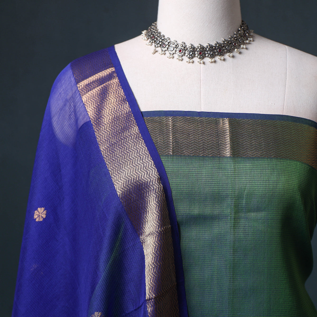 Handloom Maheshwari Silk Unstitched Dress Material: Kurta with Zari Buti Dupatta 19