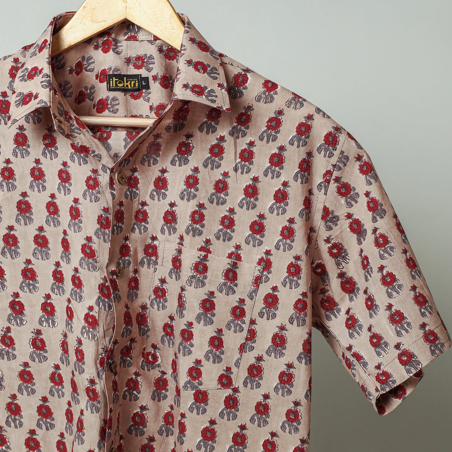 Brown - Sanganeri Block Printed Cotton Men Half Sleeve Shirt
