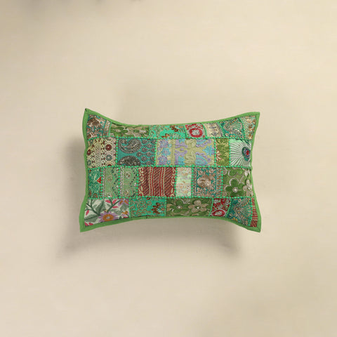 Green - Hand Embroidered Khambadiya Patchwork Pillow Cover 04