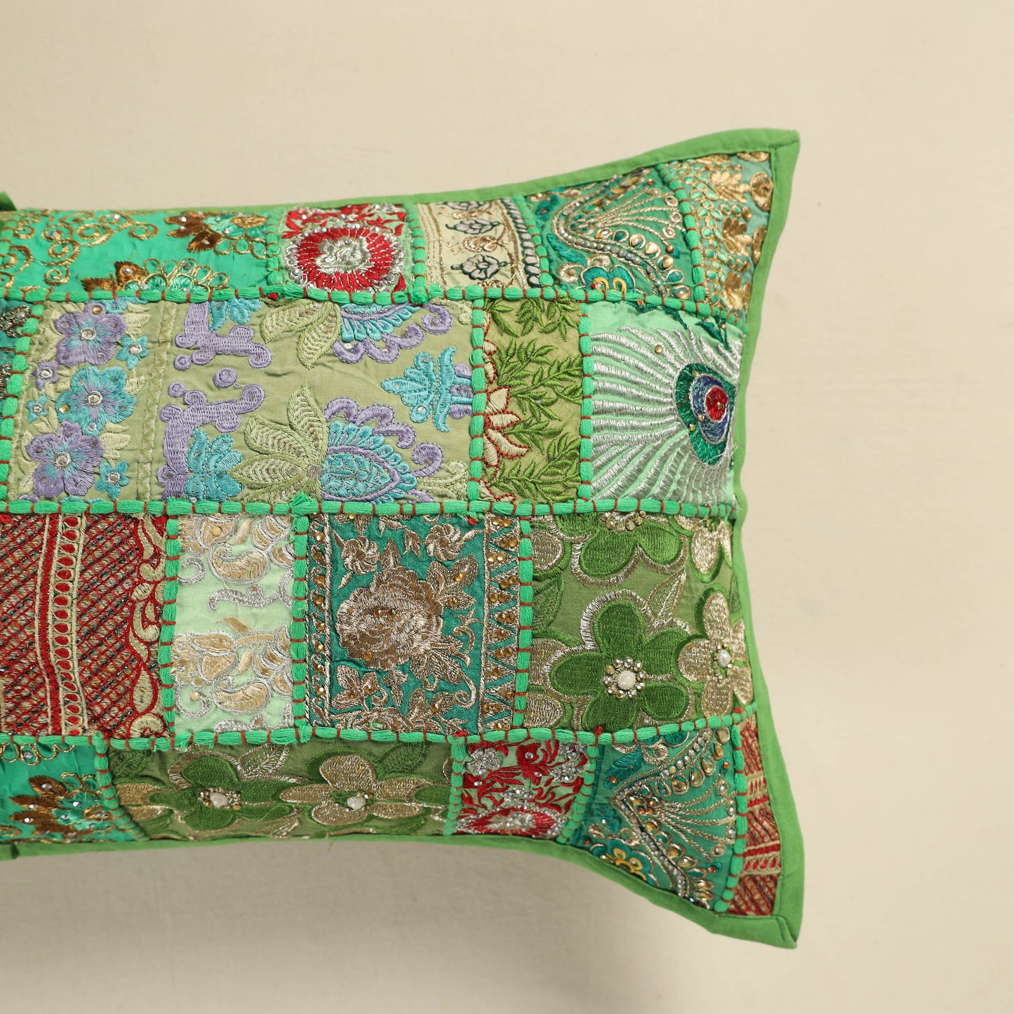 Hand Embroidered Khambadiya Patchwork Pillow Cover 04