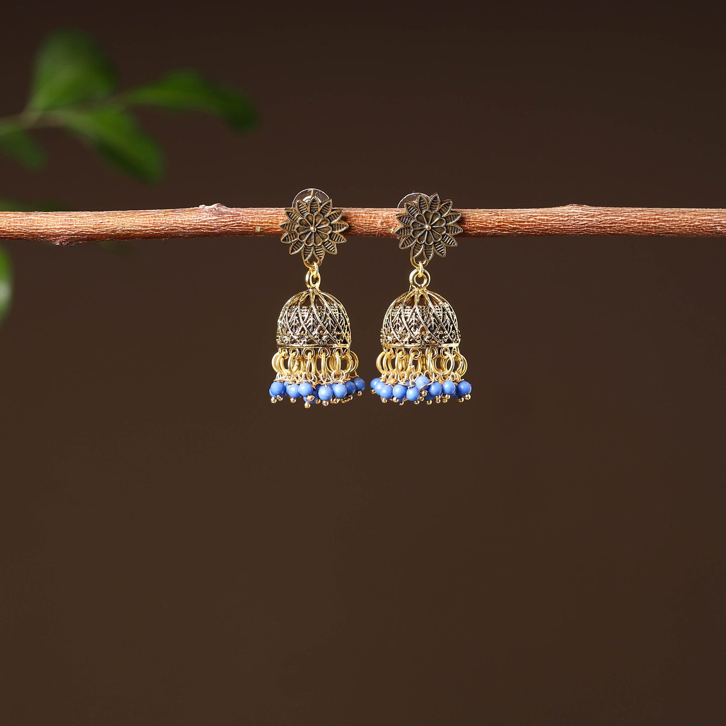 Manvi Golden Handcrafted GS Beaded Jhumki Earrings