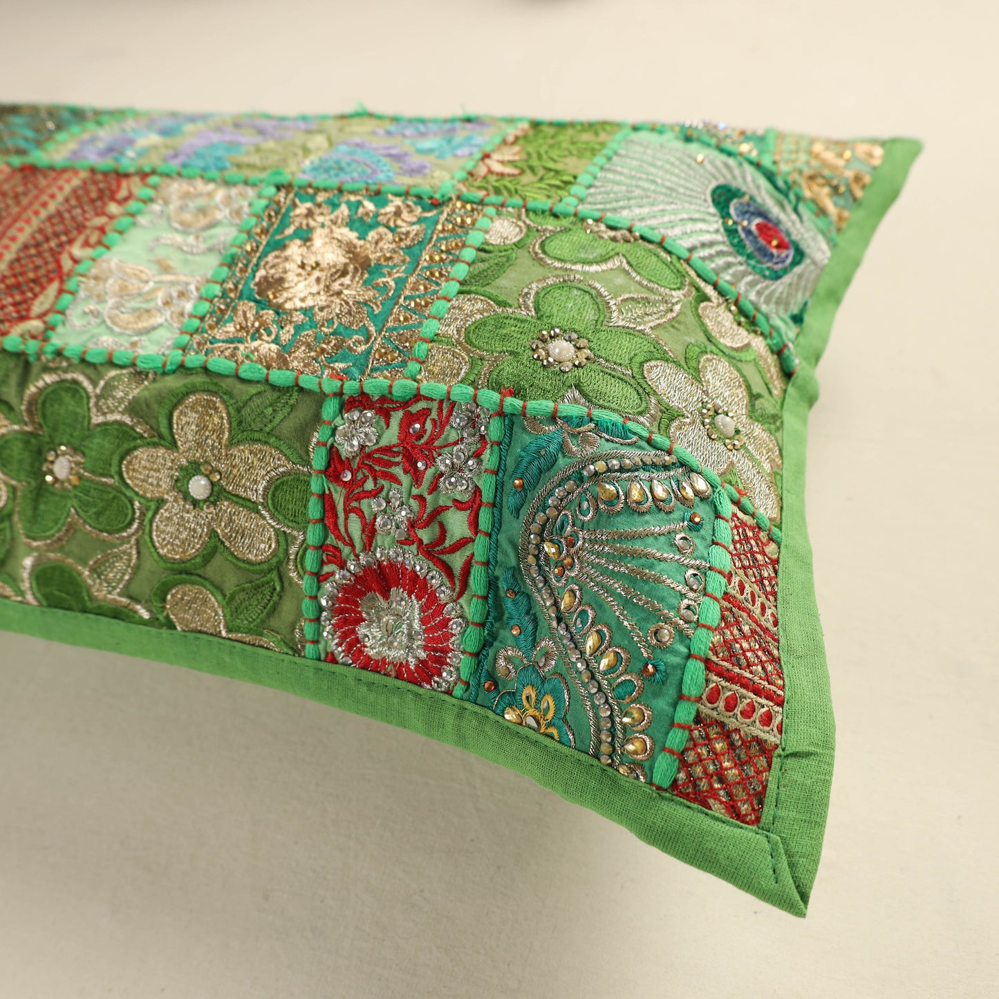 Hand Embroidered Khambadiya Patchwork Pillow Cover 04