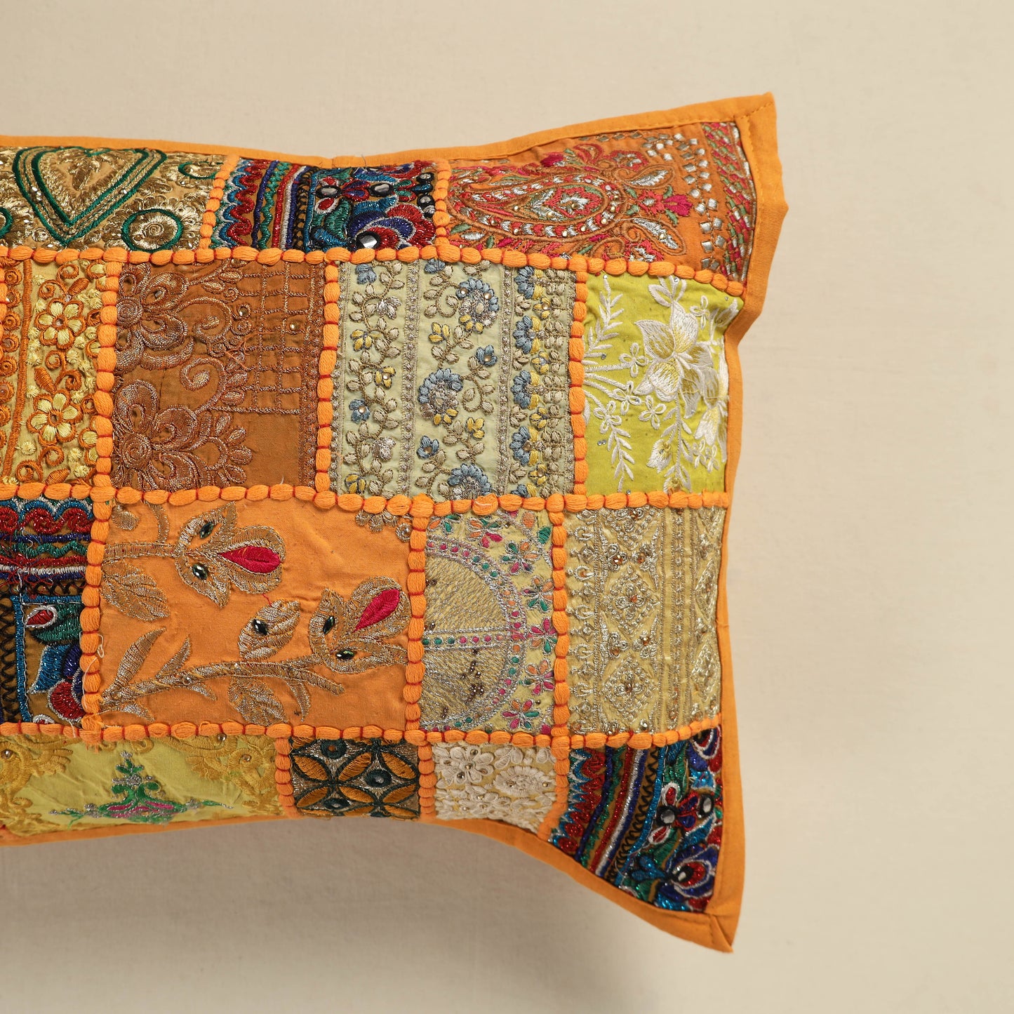 Hand Embroidered Khambadiya Patchwork Pillow Cover 06