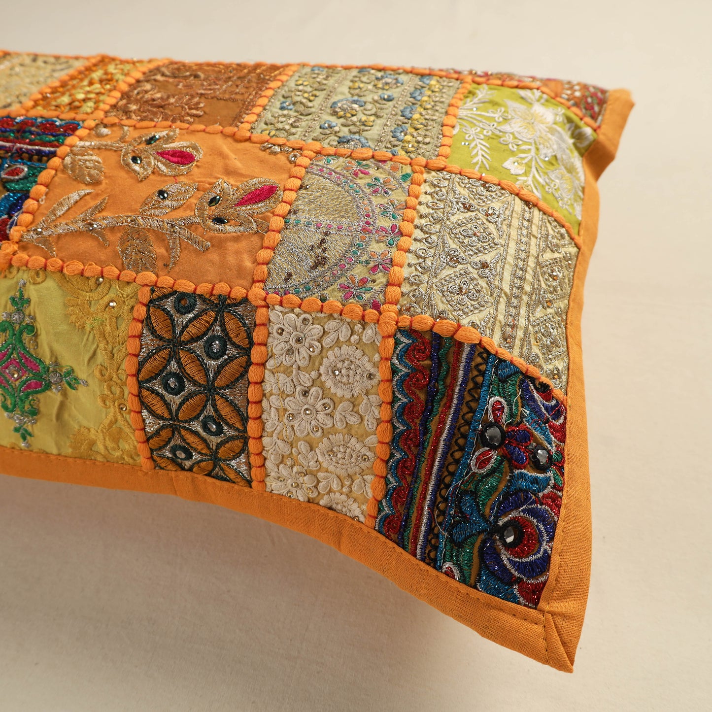 Hand Embroidered Khambadiya Patchwork Pillow Cover 06