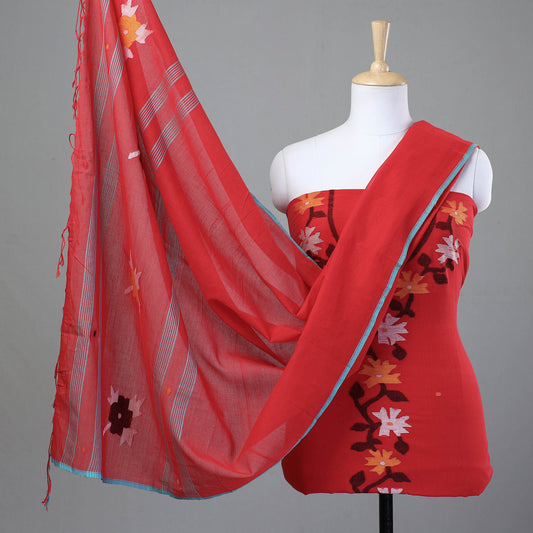 Red - 2pc Phulia Jamdani Weave Handloom Cotton Suit Material Set