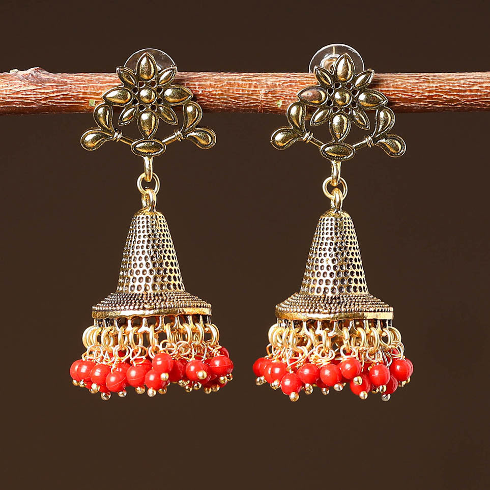 Jivika Golden Handcrafted GS Beaded Jhumki Earrings