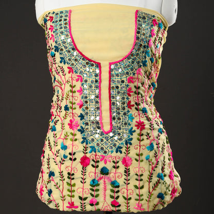 Yellow - 3pc Phulkari Embroidery Chapa Work Georgette Suit Material Set 39