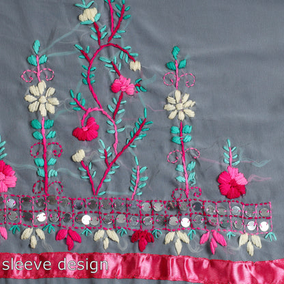 Grey - 3pc Phulkari Embroidery Chapa Work Georgette Suit Material Set 27
