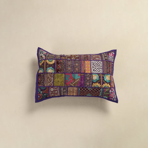 Purple - Hand Embroidered Khambadiya Patchwork Pillow Cover 05