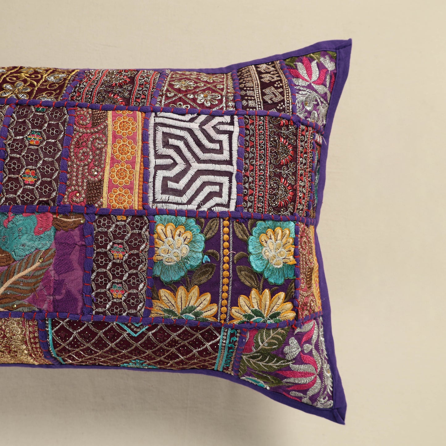 Hand Embroidered Khambadiya Patchwork Pillow Cover 05