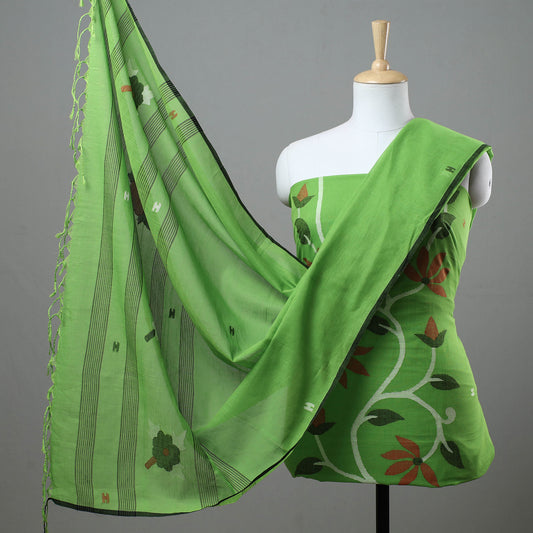 Green - 2pc Phulia Jamdani Weave Handloom Cotton Suit Material Set