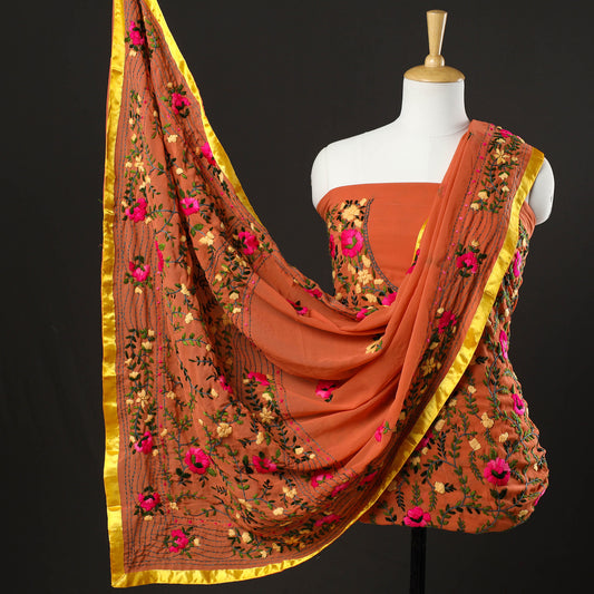 Orange - 3pc Phulkari Embroidery Chapa Work Georgette Suit Material Set 45