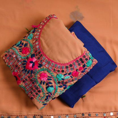 Brown - 3pc Phulkari Embroidery Chapa Work Georgette Suit Material Set 28