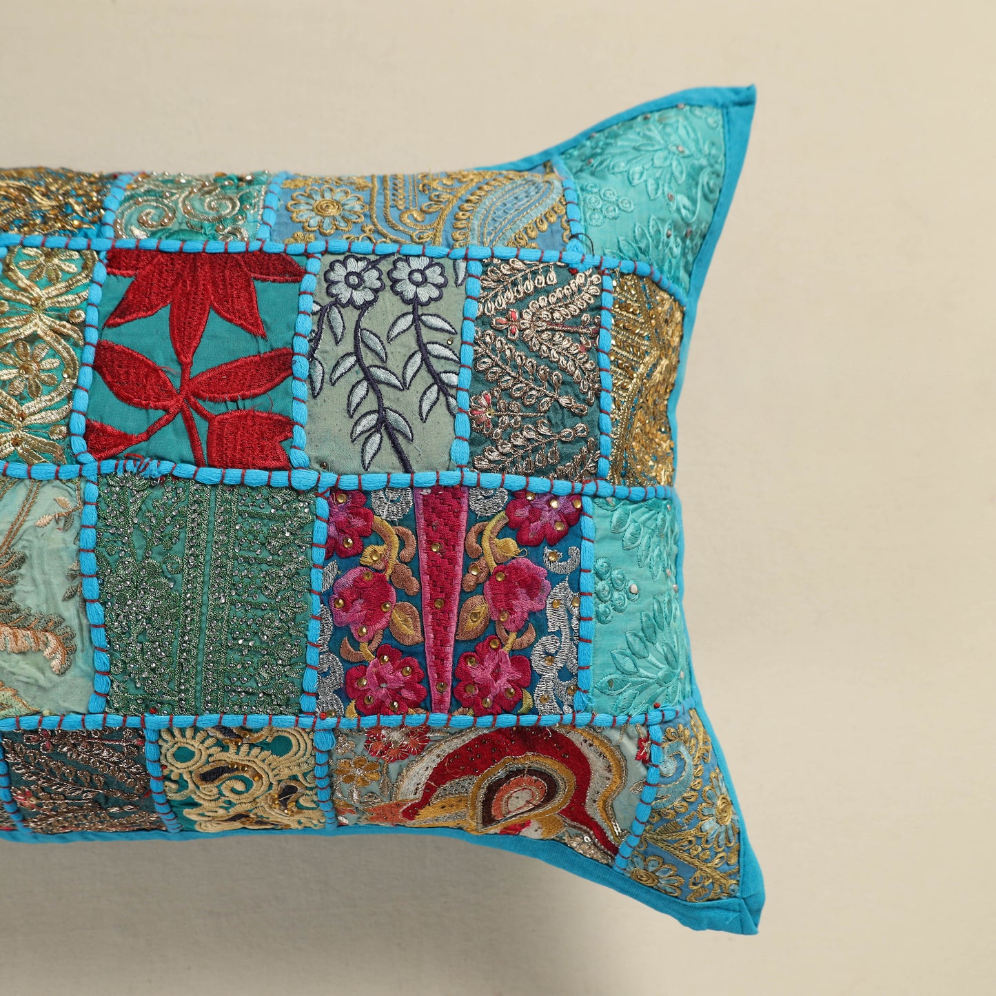 Hand Embroidered Khambadiya Patchwork Pillow Cover 07