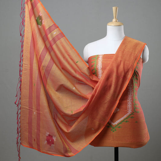 Orange - 2pc Phulia Jamdani Weave Handloom Cotton Suit Material Set