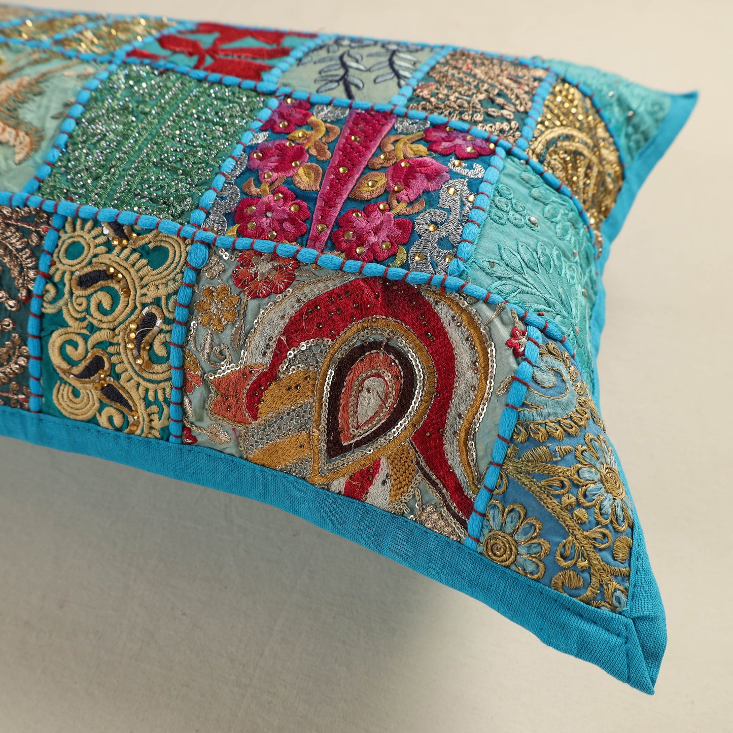 Hand Embroidered Khambadiya Patchwork Pillow Cover 07