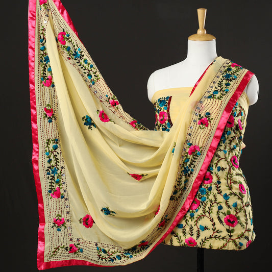 Yellow - 3pc Phulkari Embroidery Chapa Work Georgette Suit Material Set 41